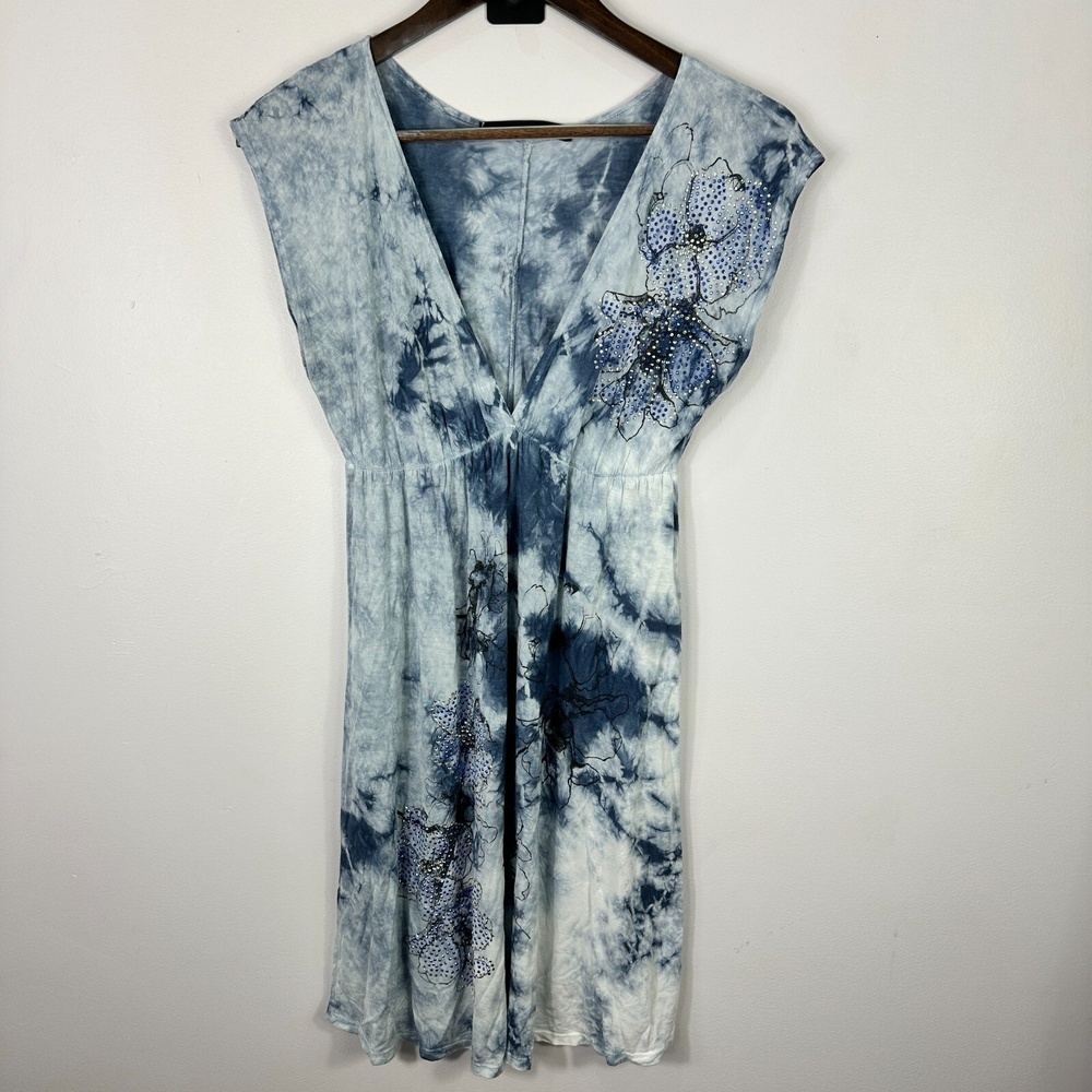 Voxx New York Dress Women S Tie Dye Rhinestone Floral Blue‎ Y2K McBling Festival